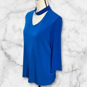 Chico's Royal Blue Choker Neck V-Cutout 3/4 Sleeve Blouse Top Size 1 Medium
